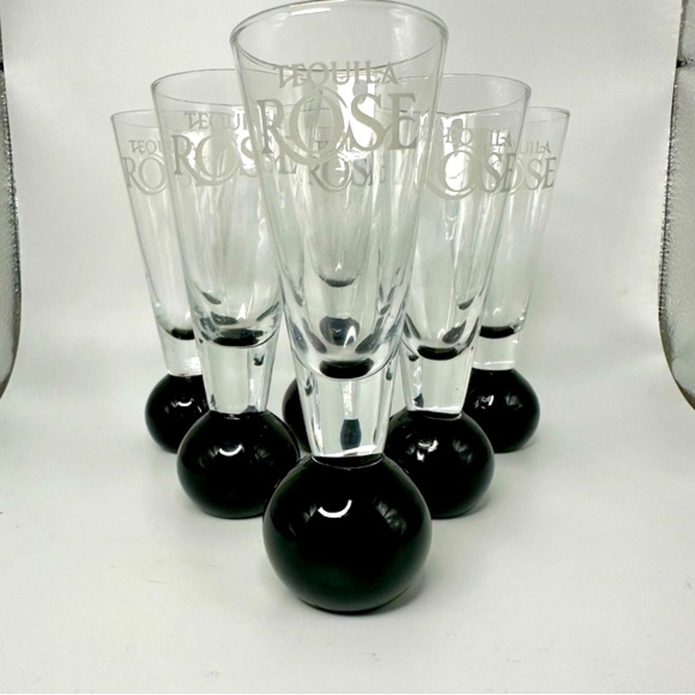 6 Vintage Tequila Rose 2” Black Bubble Glass Shot Glasses, Rare Set